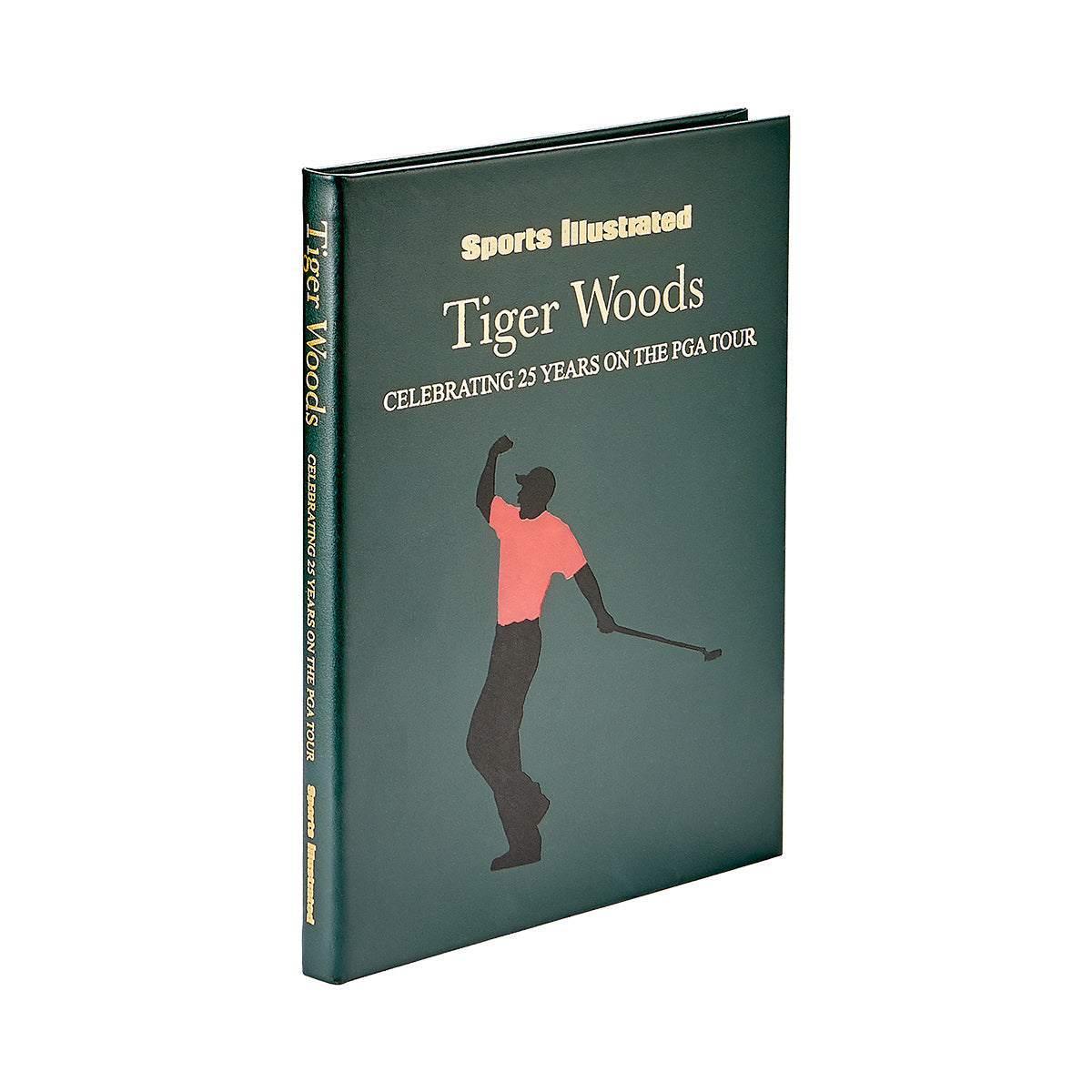 Angled view of Tiger Woods Celebrating 25 Years on the PGA Tour in bonded leather showcasing golfer silhouette against white