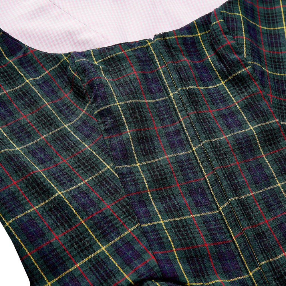 Close-up of Roya Bodice in tartan showcasing center back zipper and pink gingham lining
