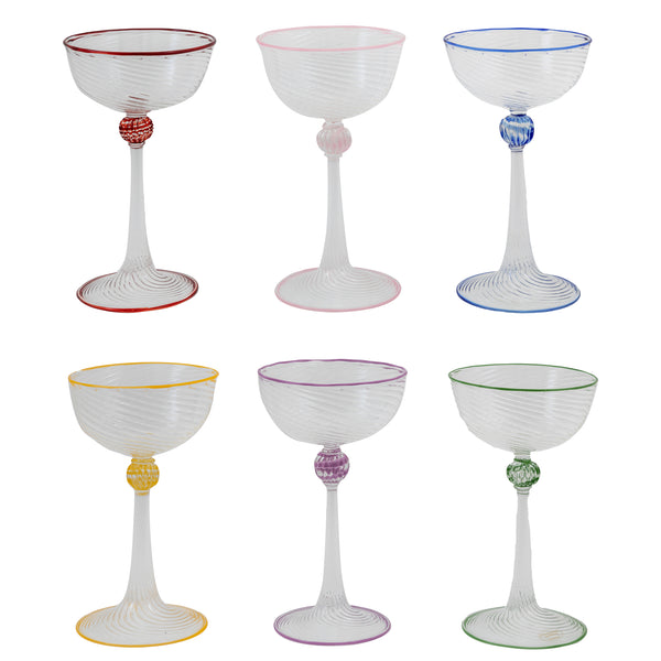 Set of Six Handblown Murano Coupes Multicoloured