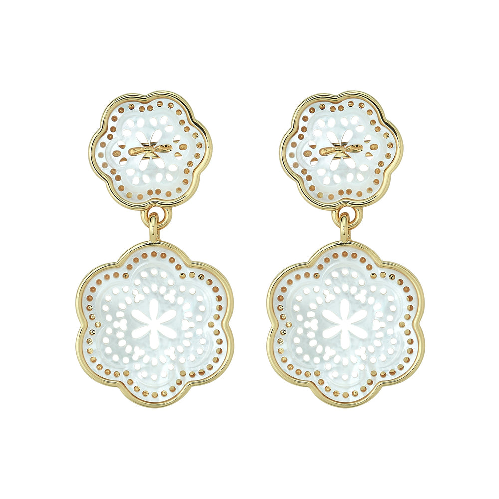 Front view of Tamarin Drop Small double-drop mother-of-pearl flower earrings with 14K vermeil gold trim on white background