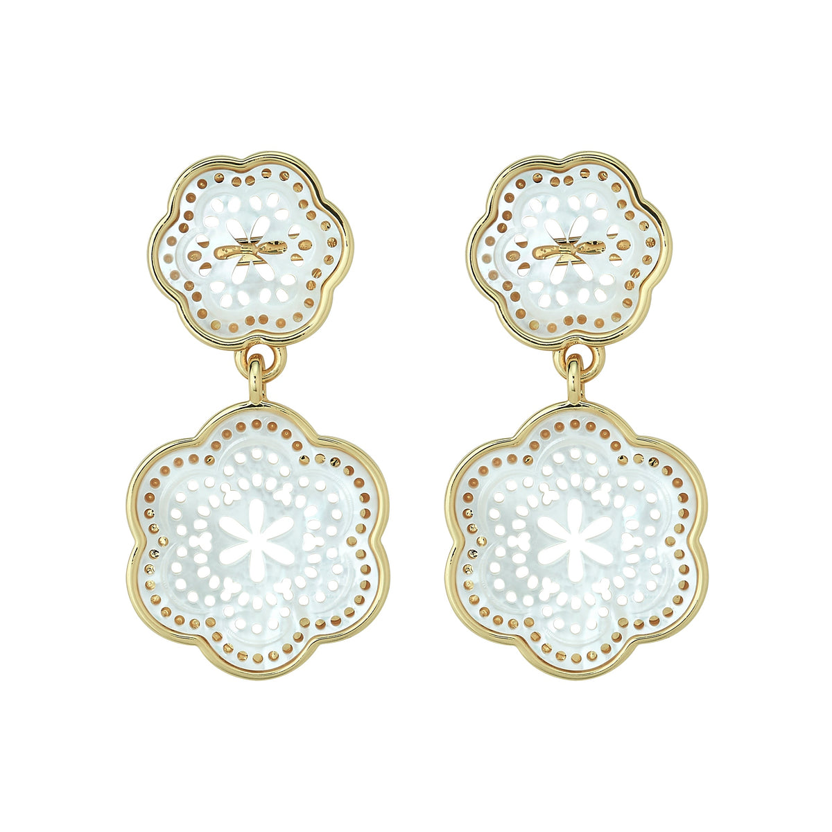 Front view of Tamarin Drop Small double-drop mother-of-pearl flower earrings with 14K vermeil gold trim on white background
