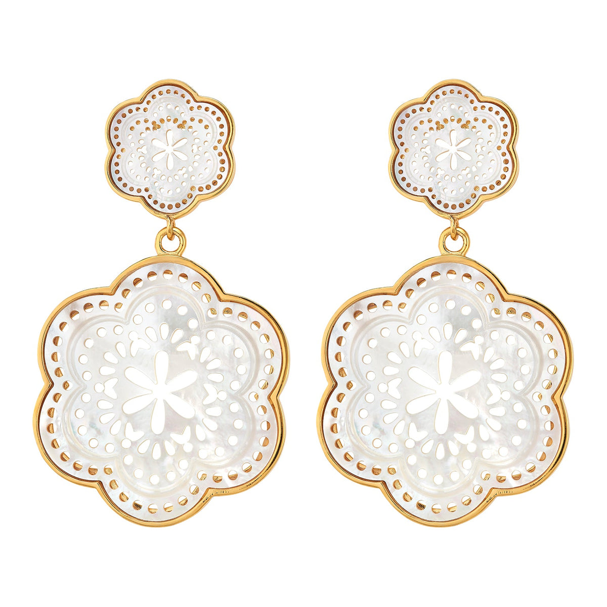 Front view of Tamarin Drop Large earrings showcasing mother of pearl floral designs with 14K vermeil trim on a white background