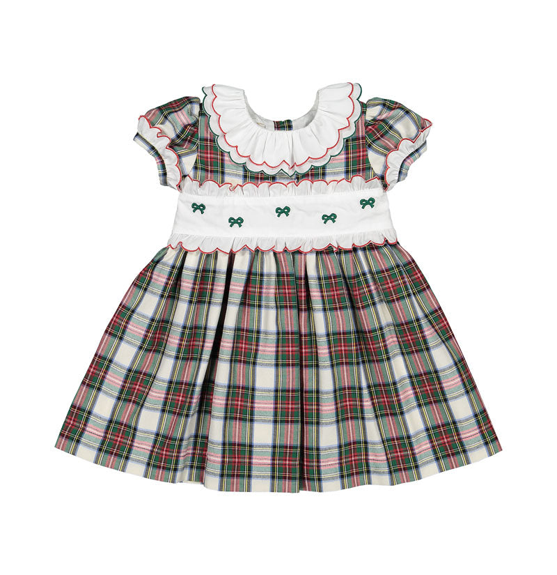 Front view of Mistletoe dress showcasing red-green plaid, scalloped white collar and smocked bodice with green bows on white