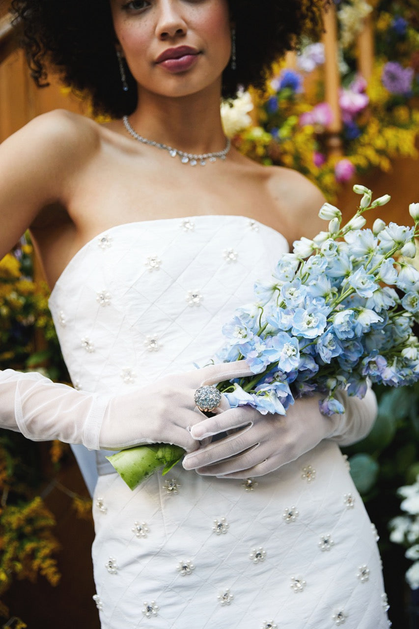 OTM Exclusive: Olivia White Silk Dress with Floral Crystal Embroidery