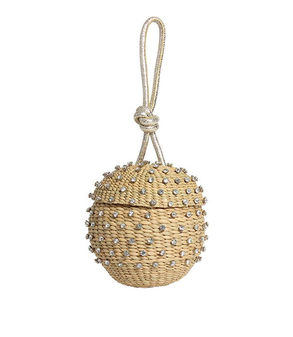 Front view of Disco Ball wristlet, woven straw sphere studded with glass crystals, knotted metallic wrist strap on white