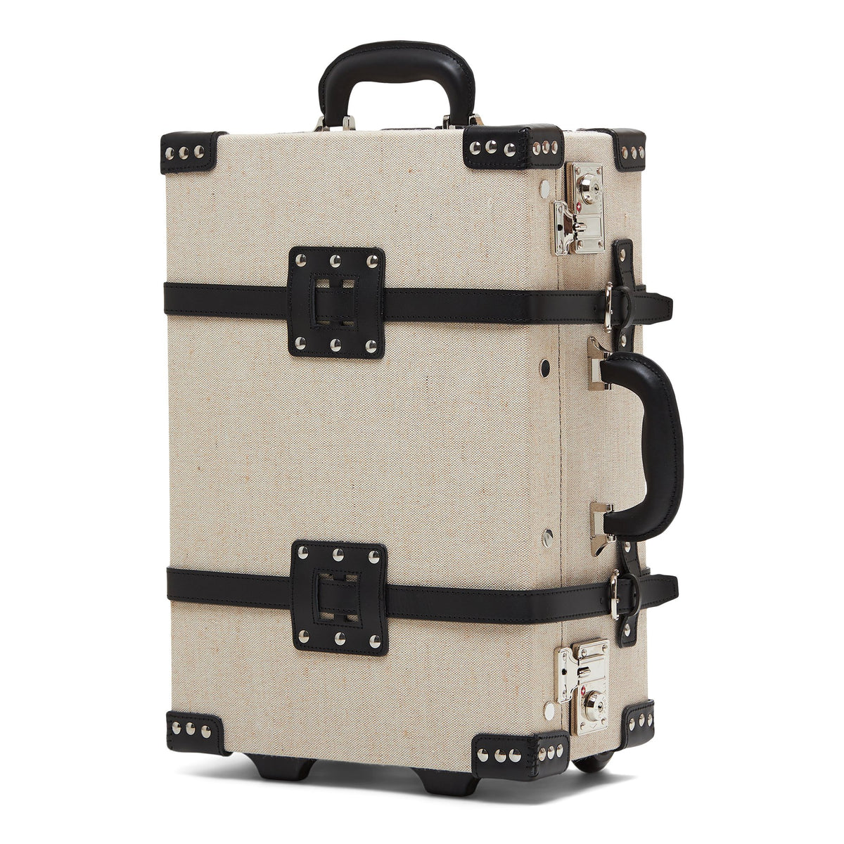 Front view of The Editor in Black Carryon showcasing black leather straps and two TSA-approved locks against a white background