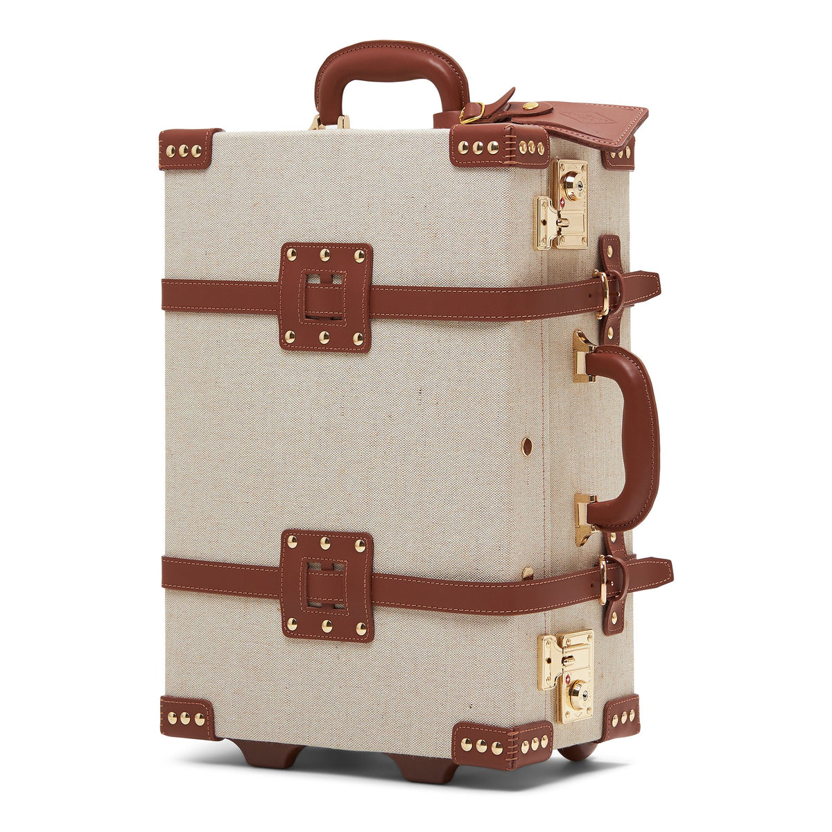 Three-quarter view of The Editor in Brown Carryon with ivory body, brown leather straps, and two TSA-approved locks