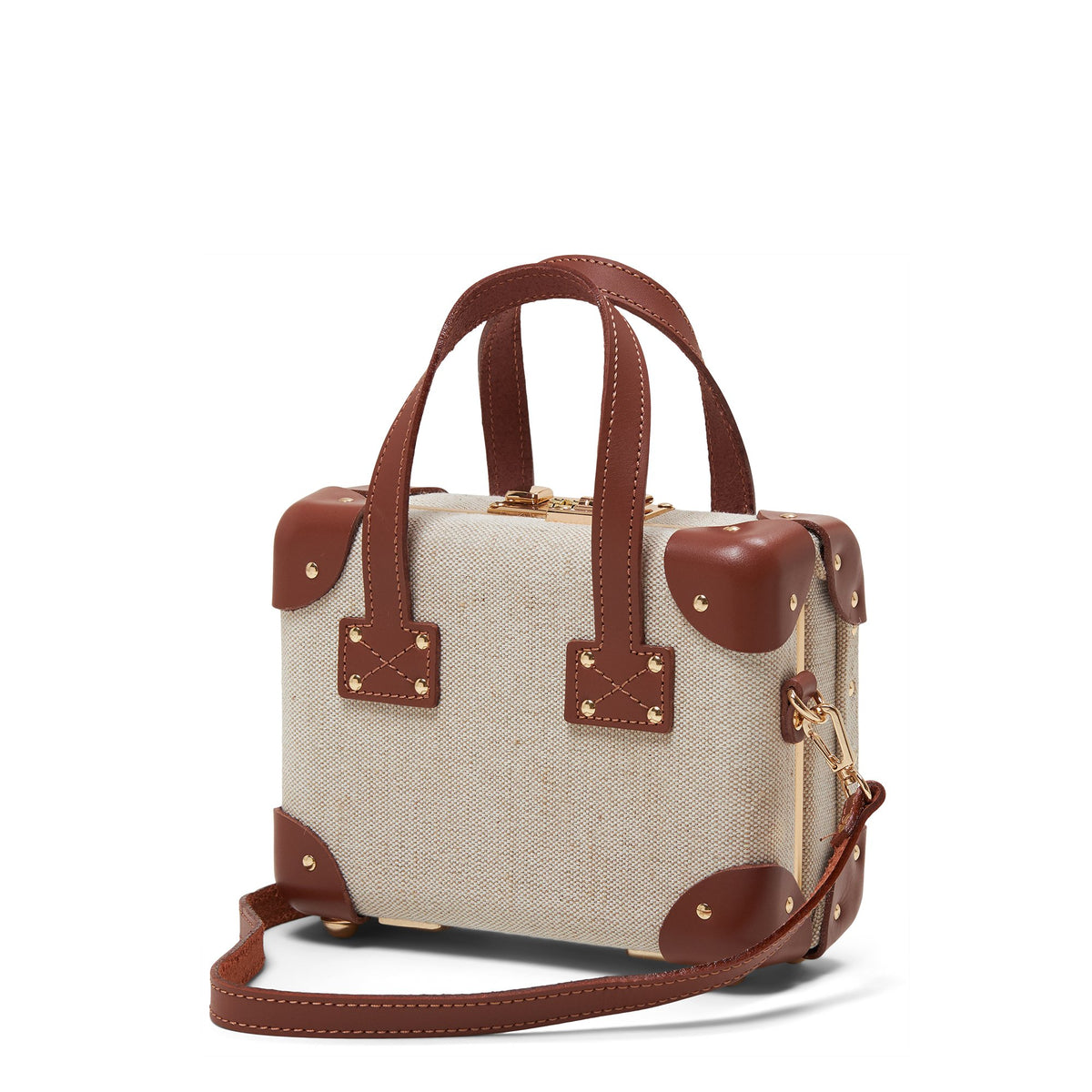 Front view of The Editor in Brown Mini showcasing its ivory-colored body and brown leather straps with a white background