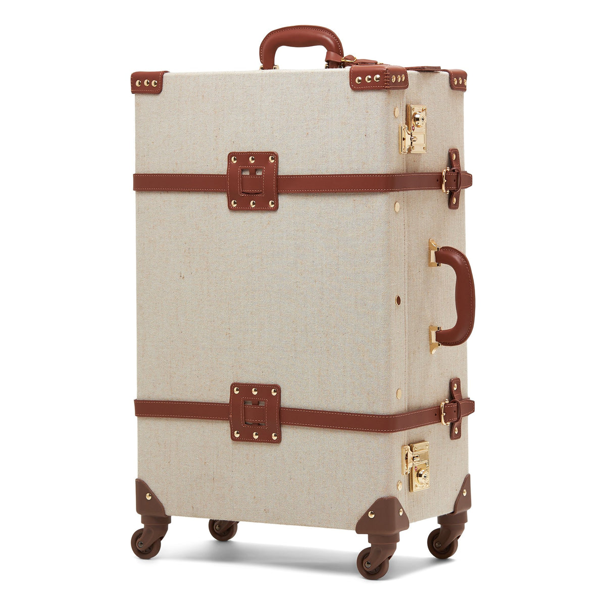 Front view of The Editor Check In Spinner showcasing ivory body, brown leather straps, and four wheels on white background