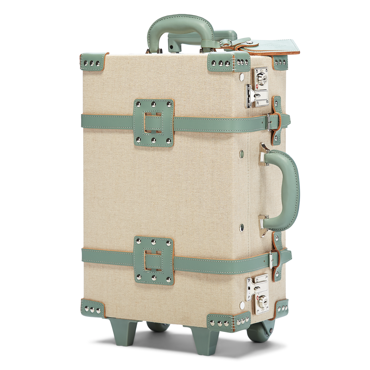 Rear three-quarter view of The Editor Carryon showcasing ivory body, sea green leather straps, buckles, and TSA locks
