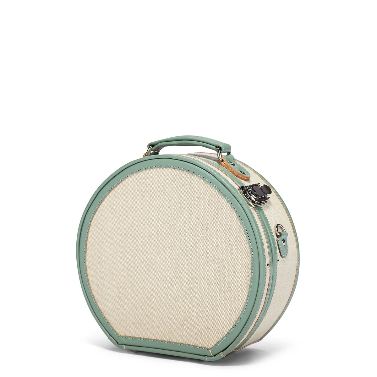 Front three-quarter view of The Editor in Sea Green Hatbox Small showcasing sea-green straps and silver latches against white