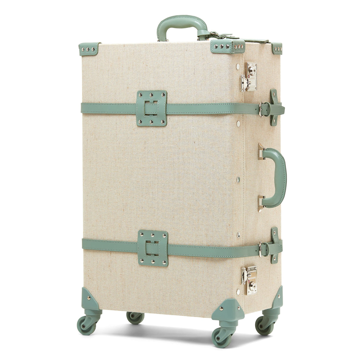 Front view of The Editor Spinner showcasing ivory body, sea green leather straps, silver locks, and four wheels on white