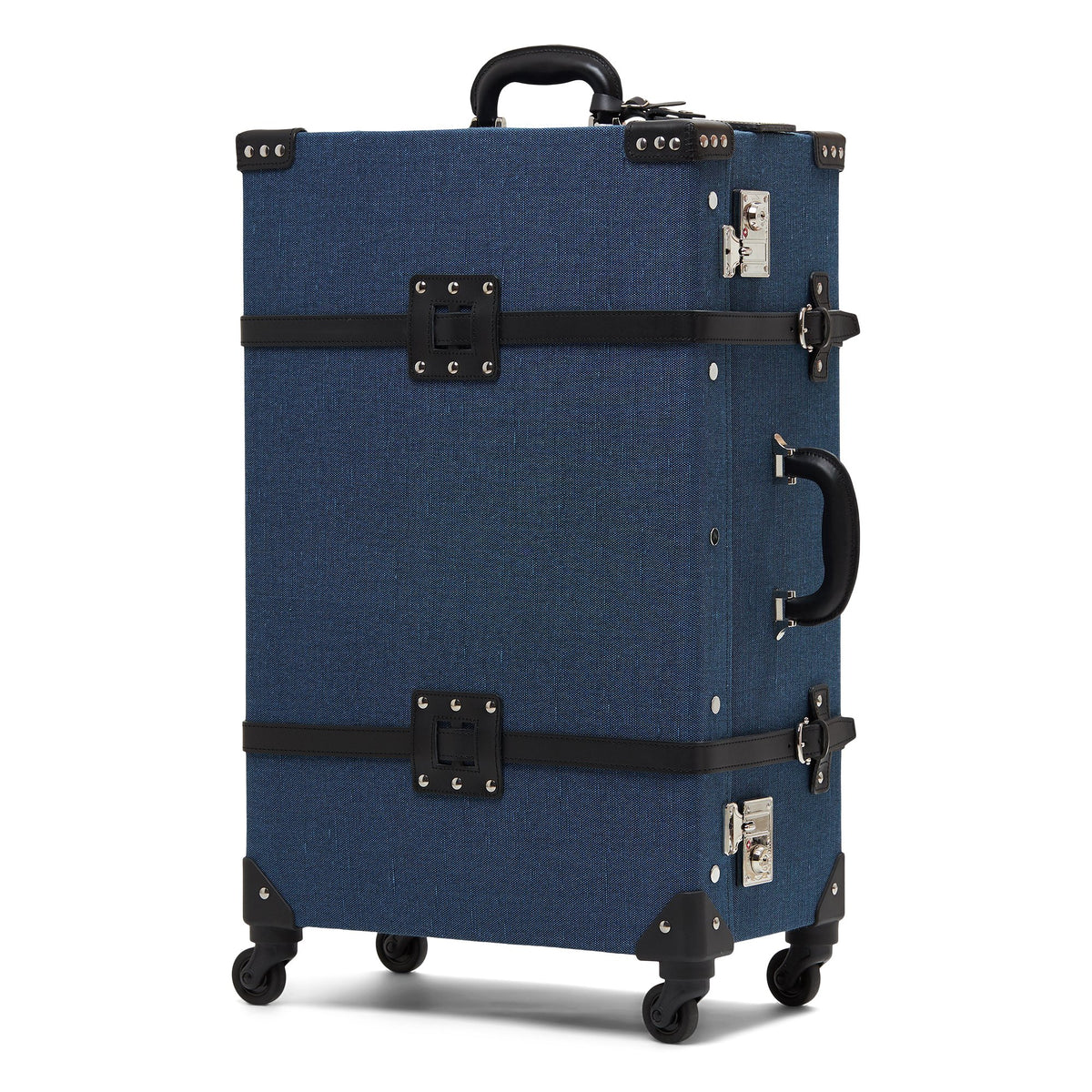 Front view of The Editor Check In Spinner showcasing navy linen, black leather straps, silver locks, and four wheels