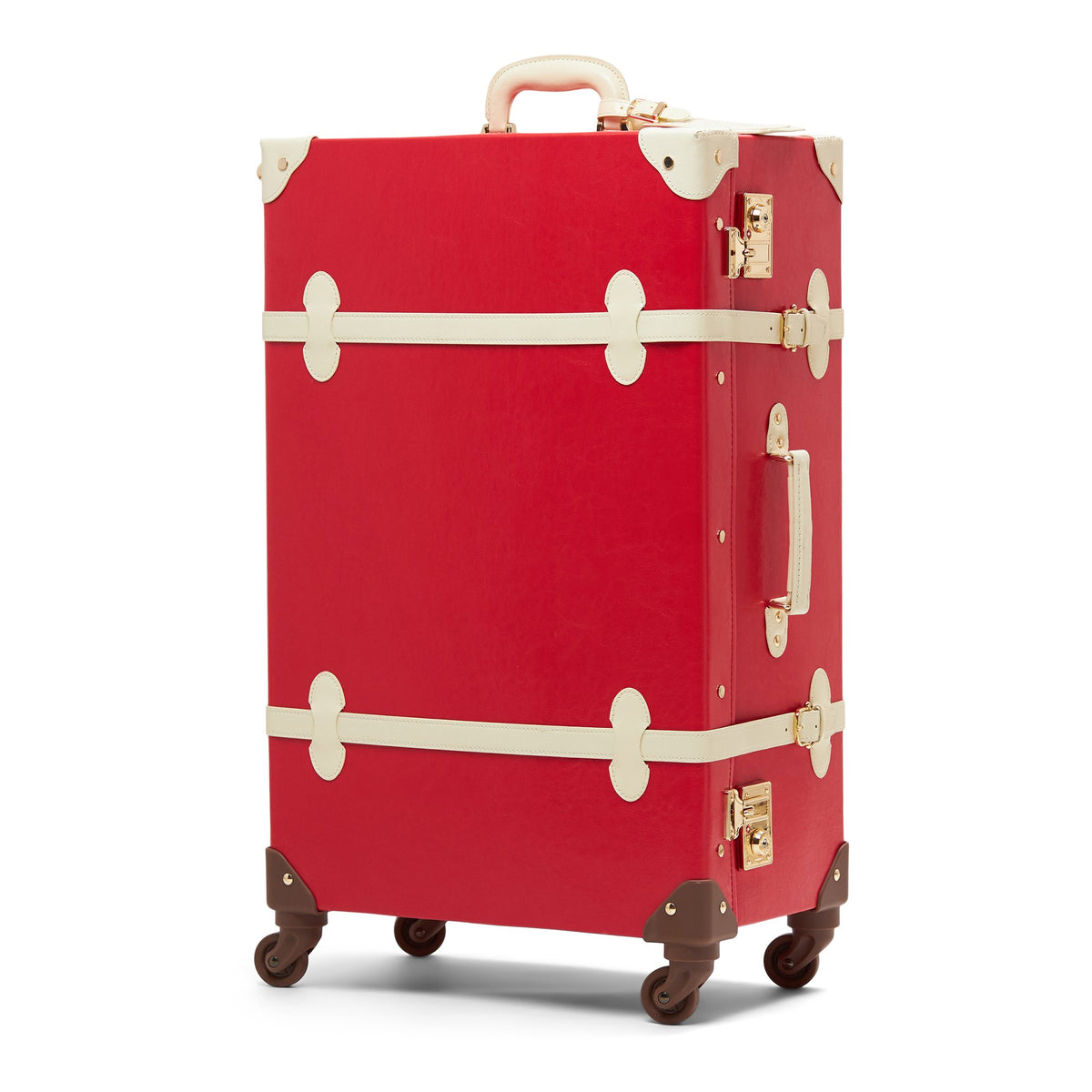 Front three-quarter view of The Entrepreneur Check In Spinner showing lipstick red body, cream trim, and four wheels