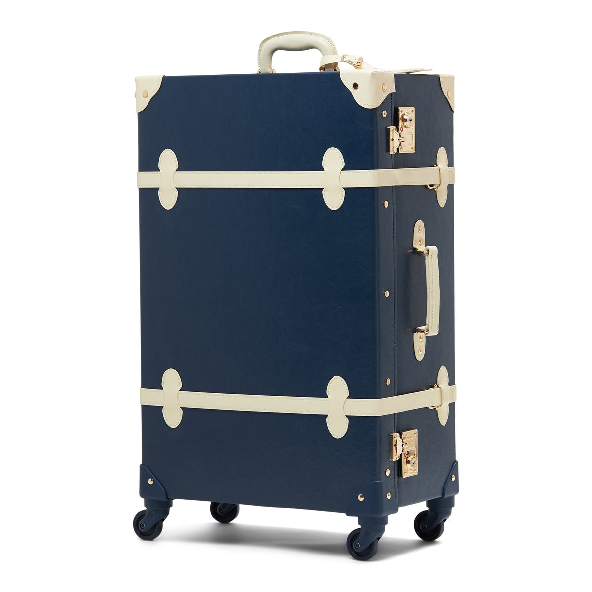 Three-quarter view of The Entrepreneur Check In Spinner with navy vegan leather, white straps, gold locks, and white background