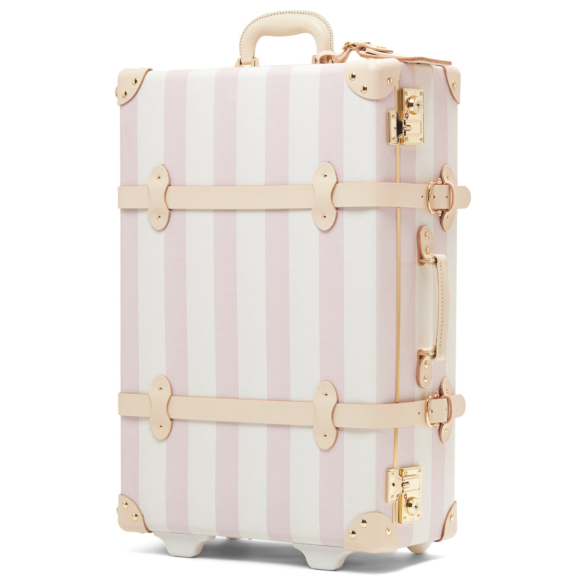 Front view of The Illustrator Pink Stowaway showcasing rose stripes, tan leather straps, and gold hardware on white background
