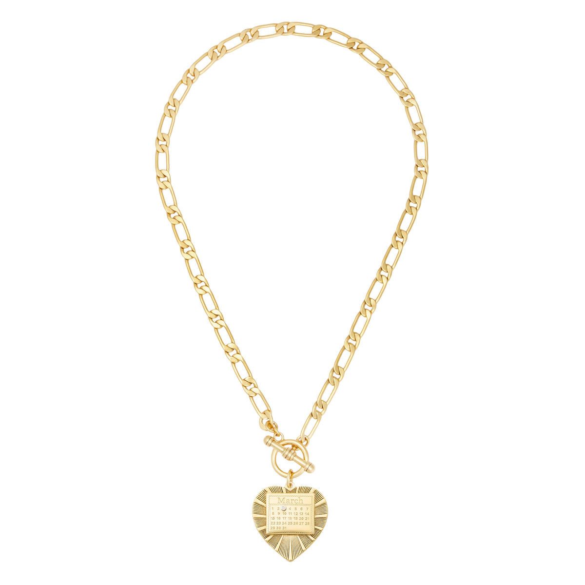 Front view of The Best Day Necklace Figaro chain in gold showcasing a heart pendant engraved with a March calendar and a front toggle clasp on white background