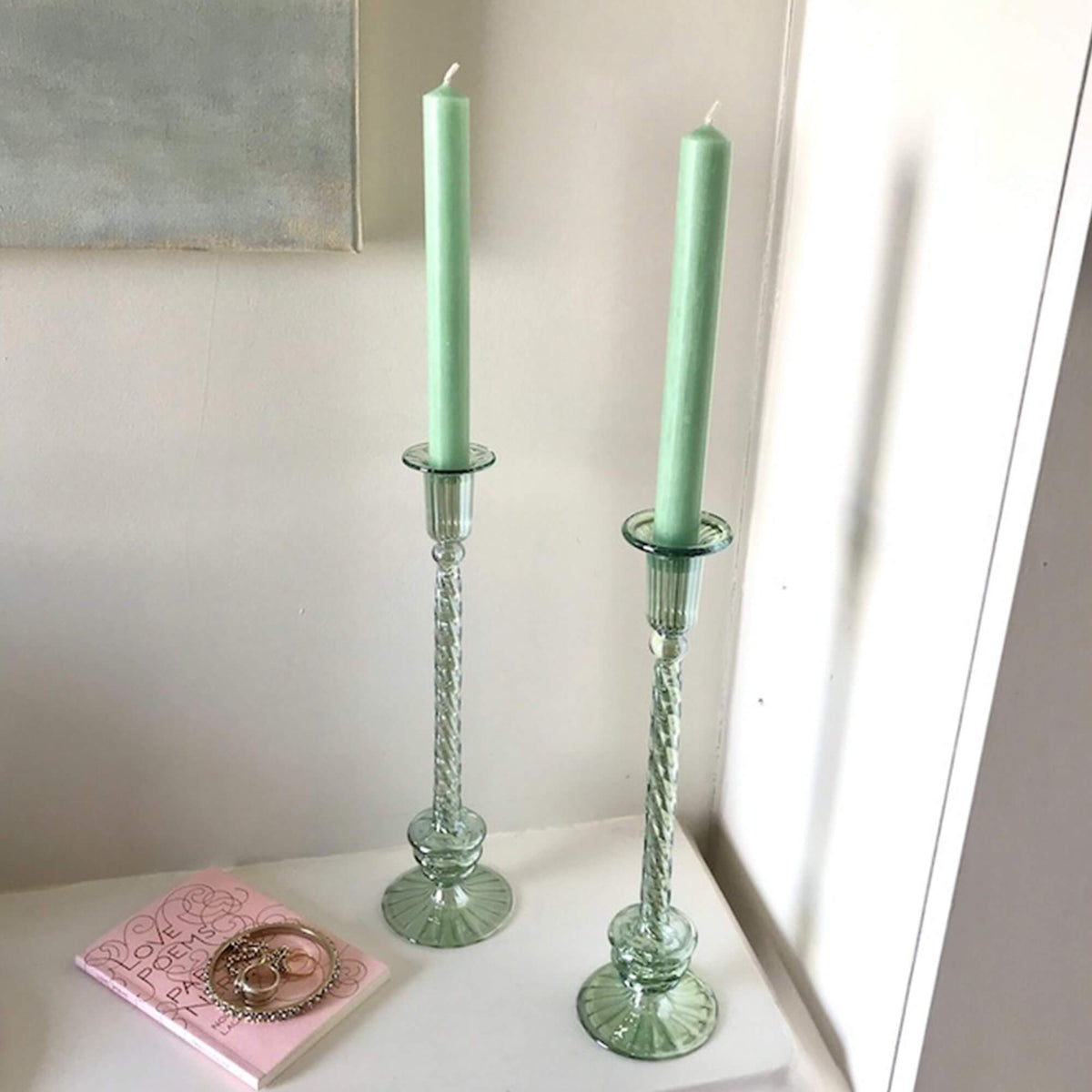Issy Granger Set of Six Green Dinner Candles with Green Glass Candlesticks Candle Holders