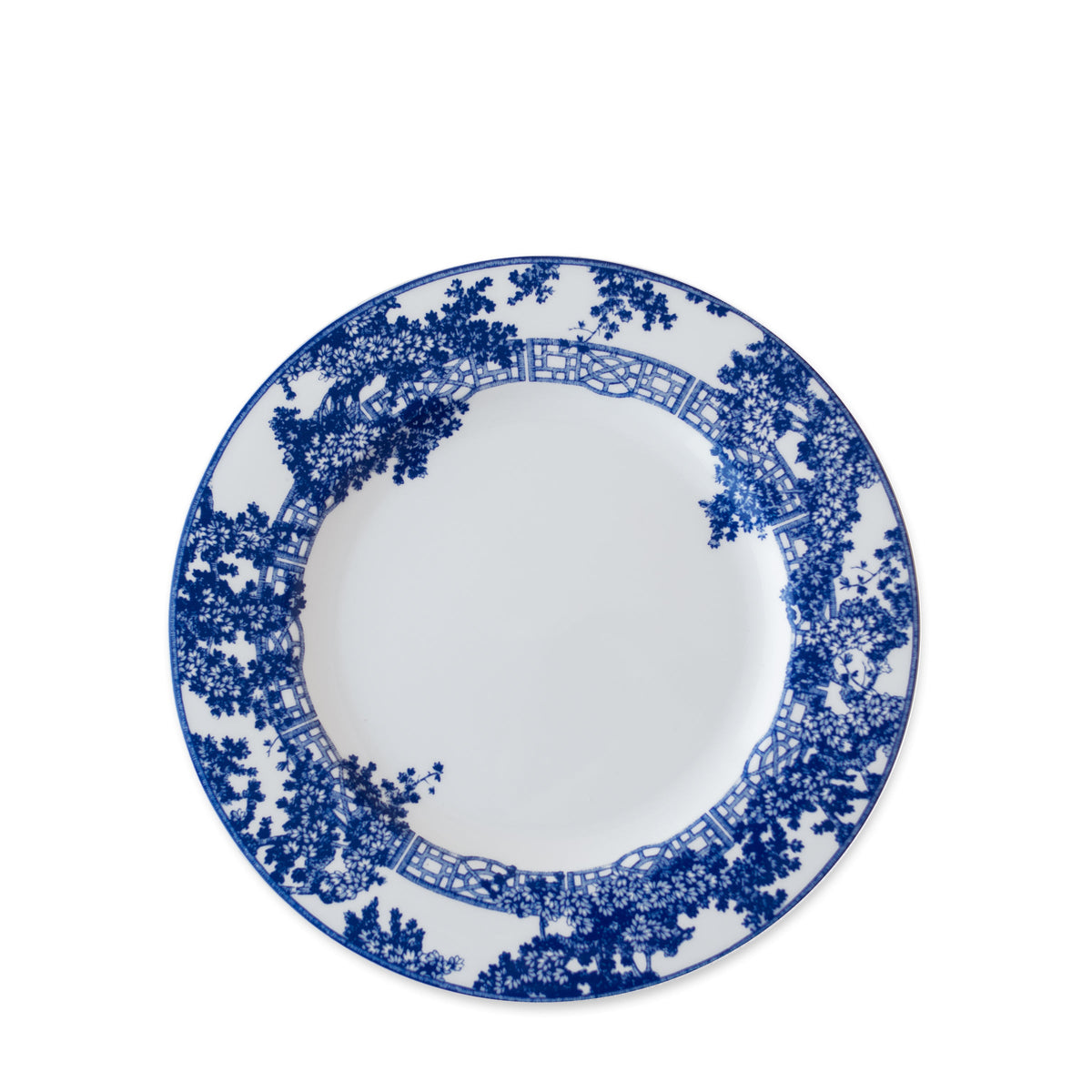 Top view of Toile Tales Rimmed Salad Plate showcasing a blue floral toile pattern on white porcelain with a white background