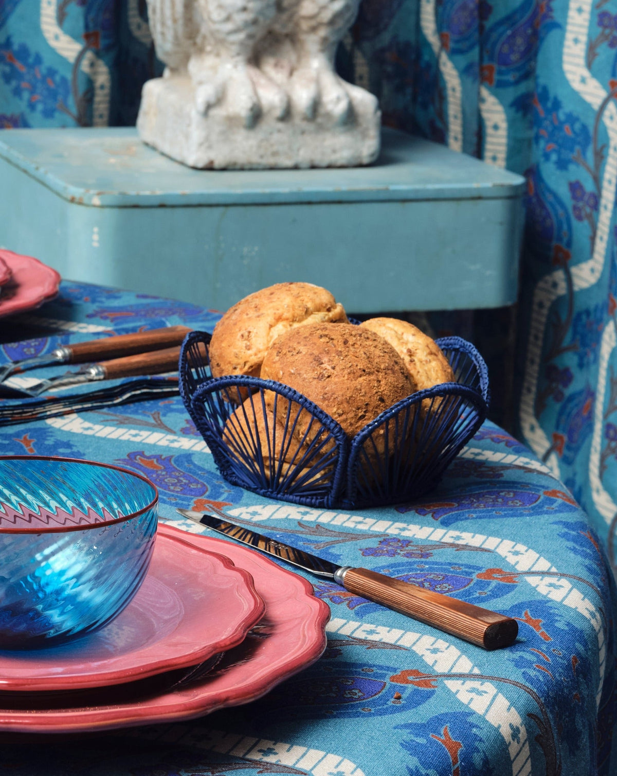 David Hicks Floral Bread Basket in Blue