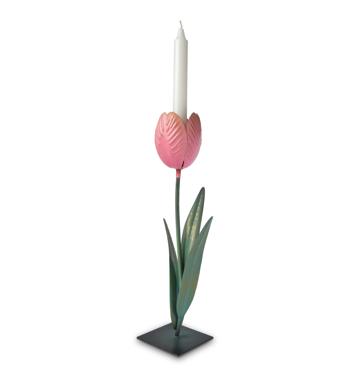Front view of Tulip Candle Holder showcasing its pink tulip shape and taper candle with a white background