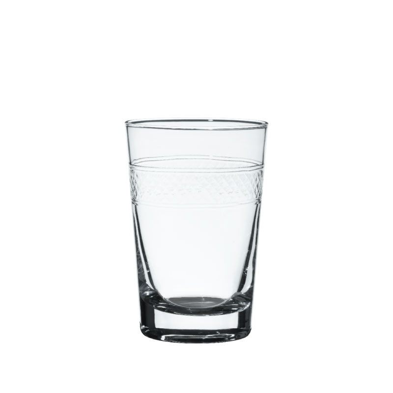 Front view of crystal tumbler showcasing hand-engraved latticed band on white background