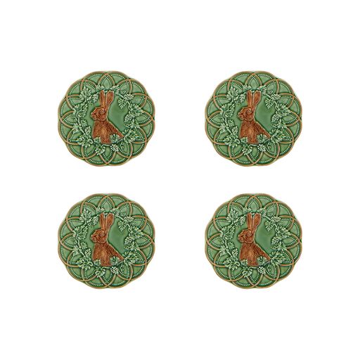 Top-down of four Woods bread and butter plates with raised brown hare and green floral border on white background