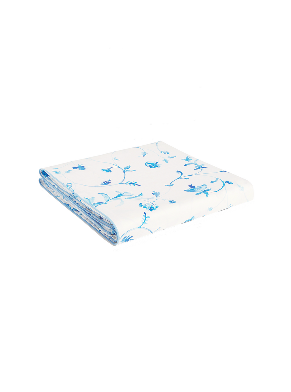 Angled view of folded Botanical Top Sheet showcasing blue floral print and brushed cotton sateen sheen on white background