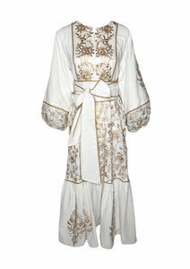 Jewel Neck Flounce Dress in  Ecru & White Embroidered Sultan Floral
