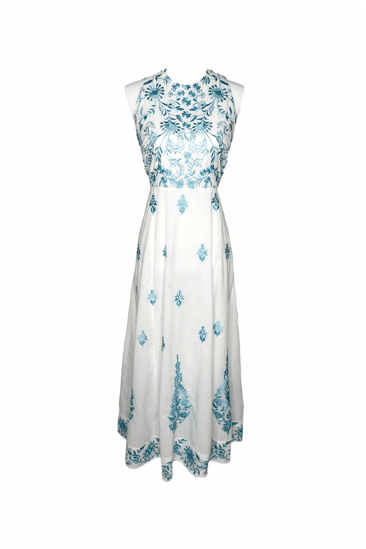 Halter Maxi Sundress in Ciel & White Embroidered Sultan Floral