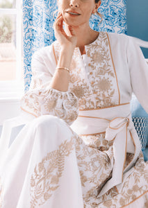 Jewel Neck Flounce Dress in  Ecru & White Embroidered Sultan Floral