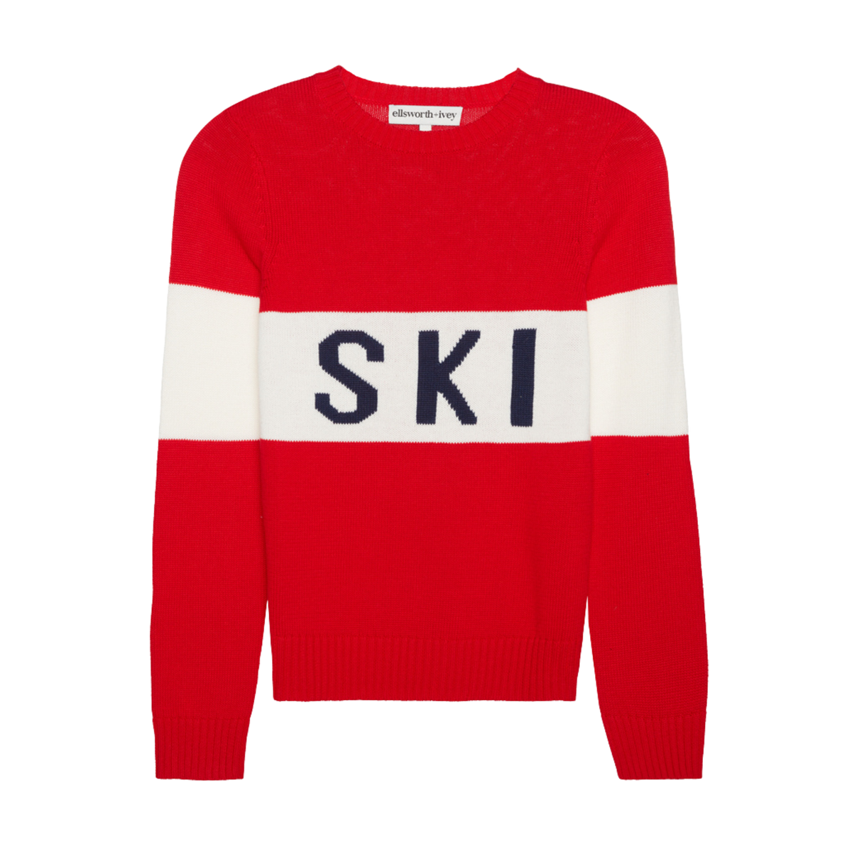 Front view of Block Ski Crewneck Sweater in Red showcasing a white band with navy SKI lettering on a black background