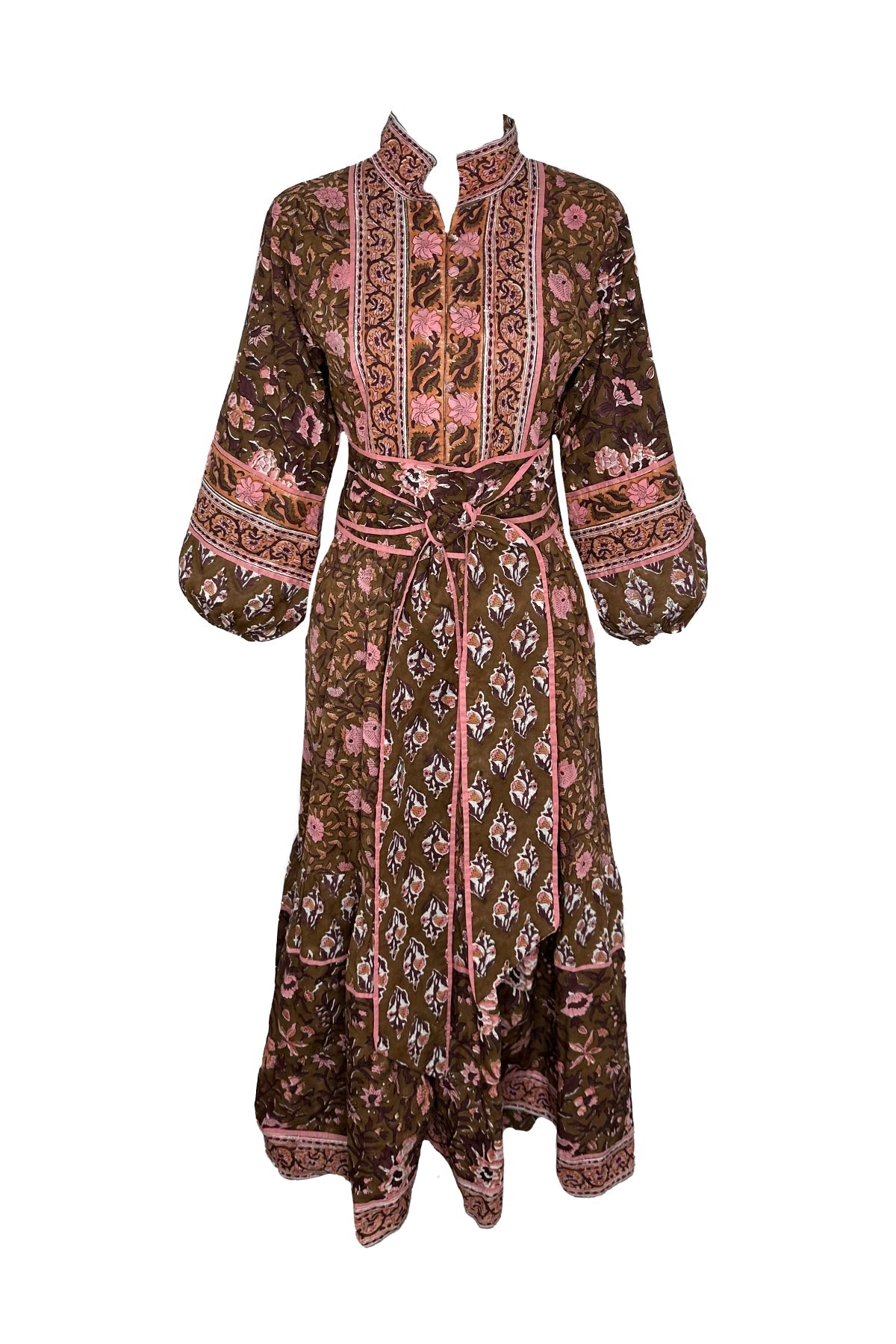 Sue Sartor Flounce Dress in Dark Brown & Tawny Pink Floral