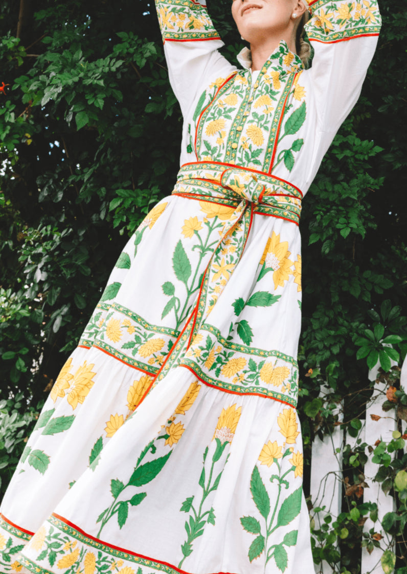 Flounce Dress in Sunshine & Kelly Green Dahlia Garden