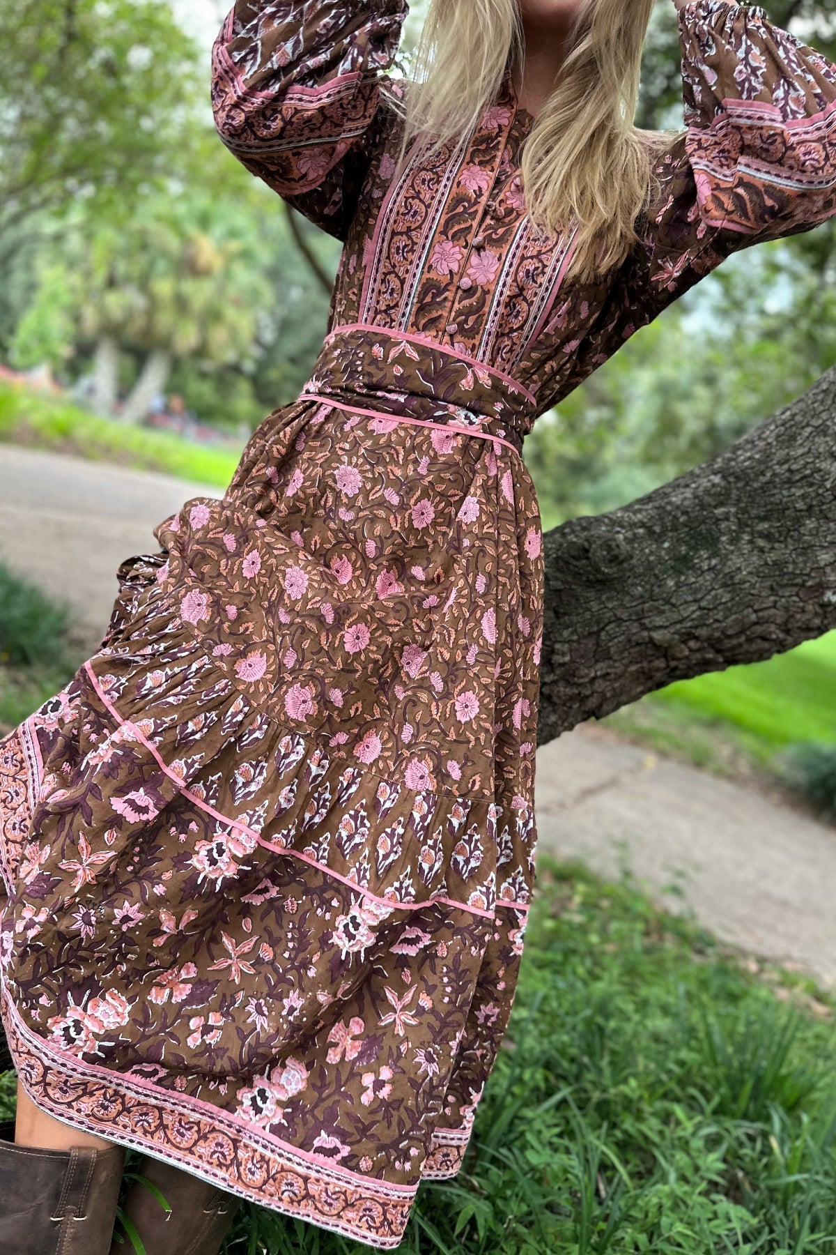 Sue Sartor Flounce Dress in Dark Brown & Tawny Pink Floral