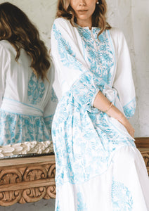 Jewel Neck Flounce Dress in Ciel & White Embroidered Sultan Floral