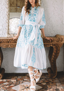 Jewel Neck Flounce Dress in Ciel & White Embroidered Sultan Floral