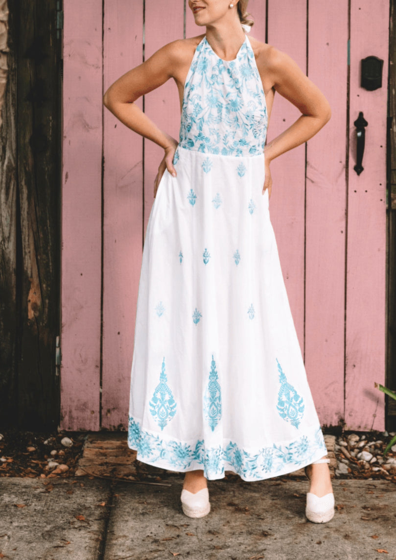 Halter Maxi Sundress in Ciel & White Embroidered Sultan Floral