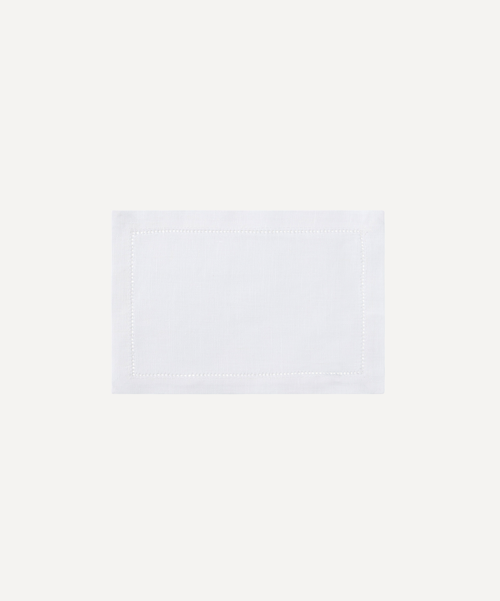 Linen cocktail hemstitch napkin in white 15x22cm