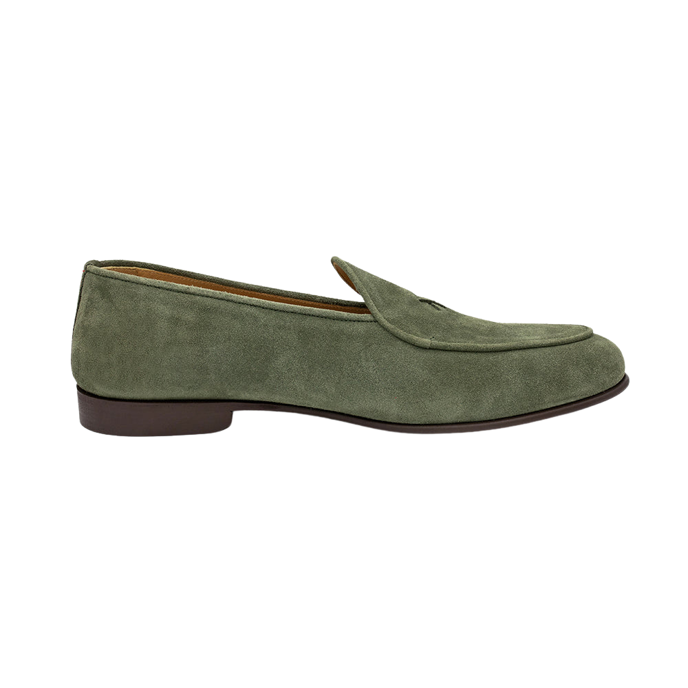 Side view of Men’s Birch Suede Milano Loafer showcasing birch suede upper and rubber sole on white background