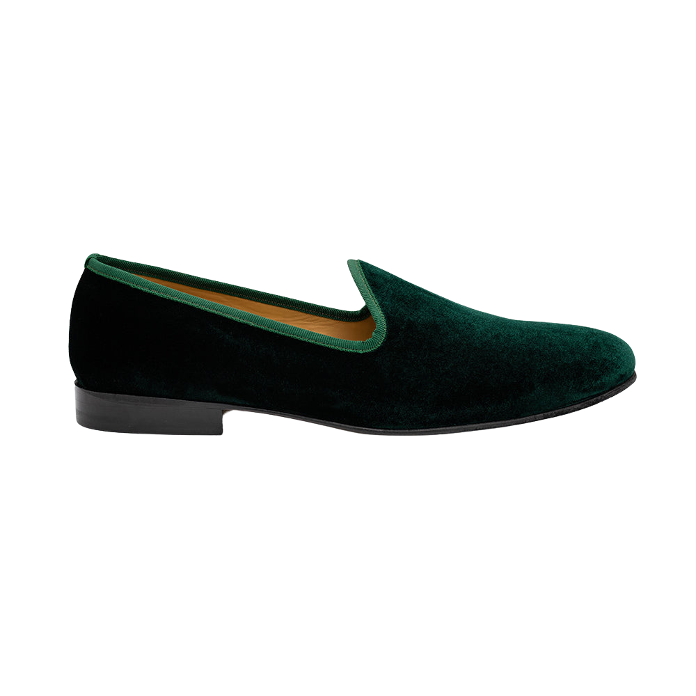 Side view of Men’s Green Velvet Slipper II showcasing its velvet exterior and slip-on design on a white background