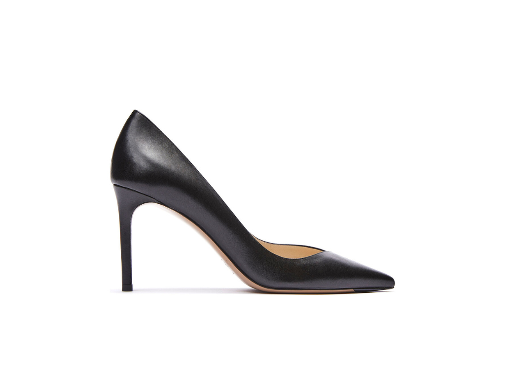 Side view of Pamela 85 Leather Pump showcasing pointed toe and slim heel with white background