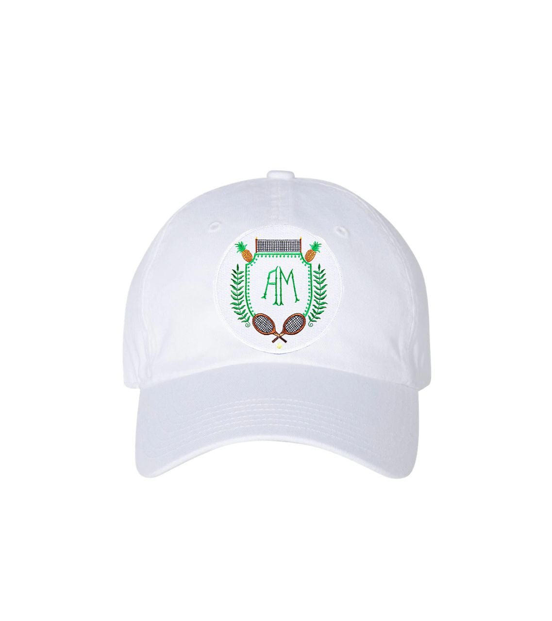 Front view of white patch baseball cap with embroidered crest showing green AM monogram and crossed tennis rackets