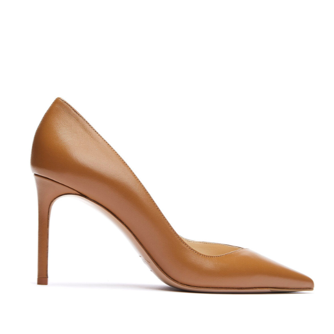 Side view of Pamela 85 Leather Pump showcasing its pointed toe and 3.34 inch heel against a white background