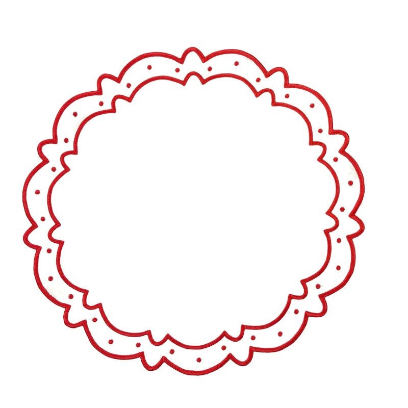 Front view of Ava placemat showcasing red silk embroidery with scalloped border on white background