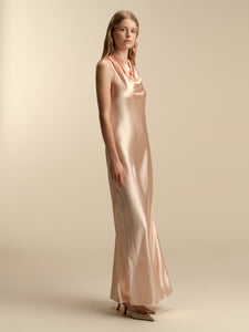 Bias Slipdress with Cowl Neckline in Pale Peach