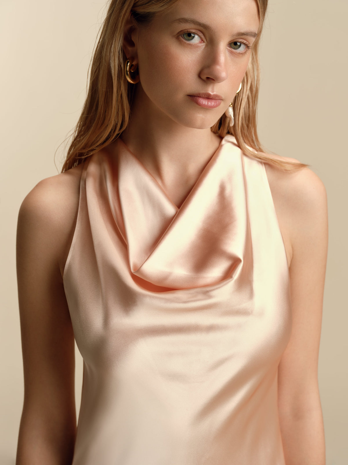 Bias Slipdress with Cowl Neckline in Pale Peach