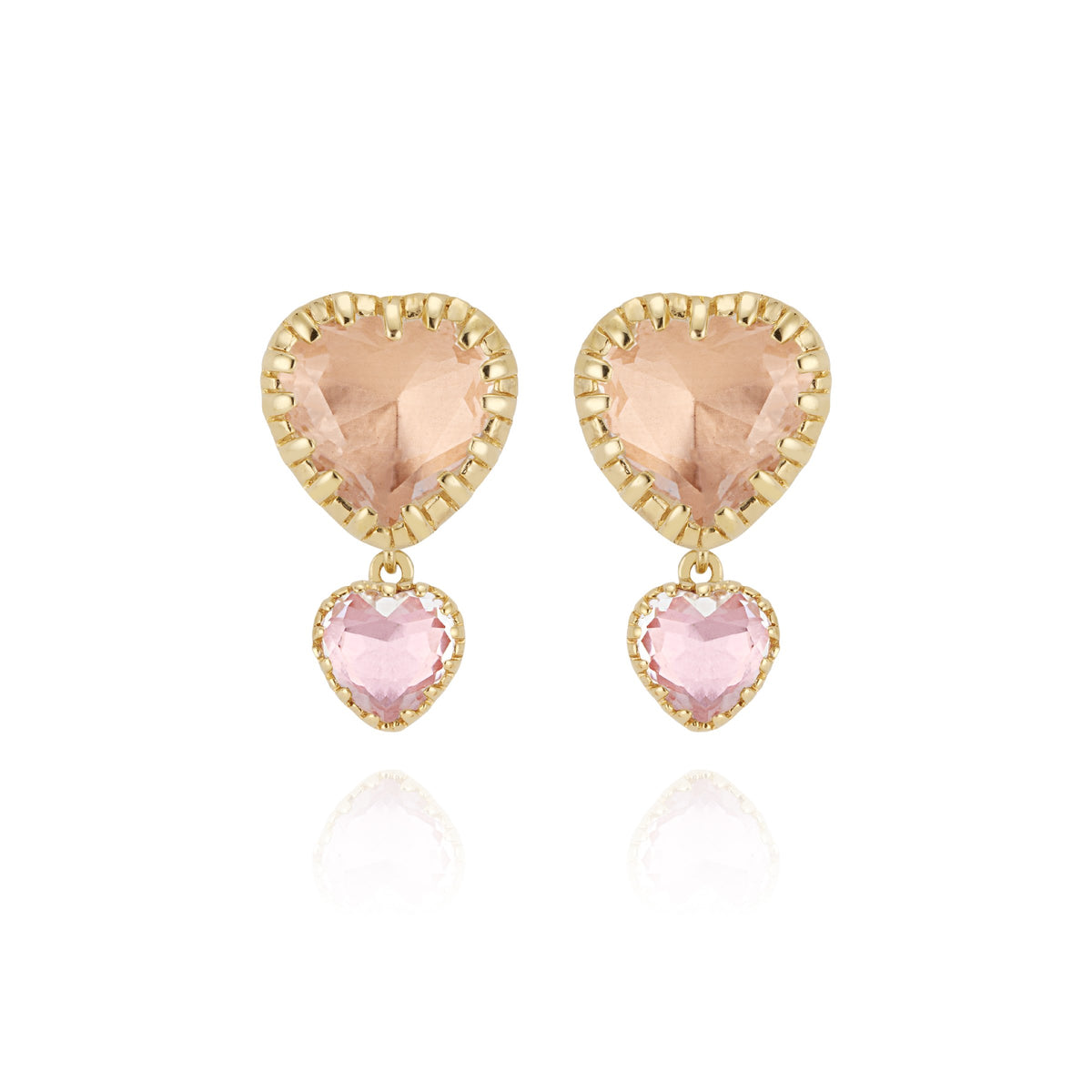 Front view of I Love NY two-drop emoji earrings showcasing heart-shaped foil-backed white quartz on white background