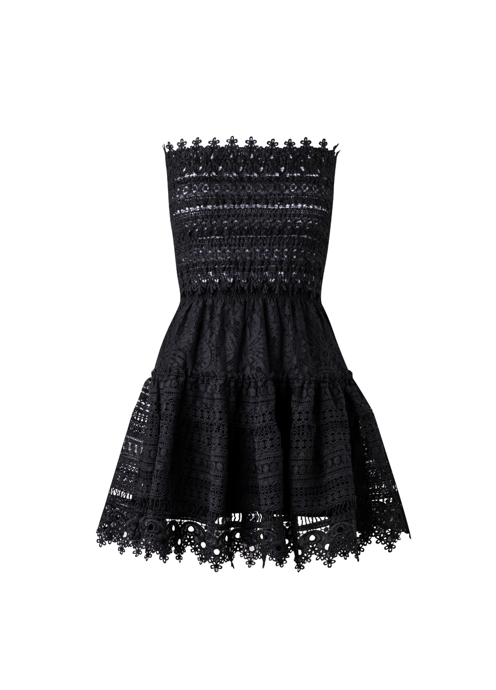 Front view of Vallarta Dress in black showcasing strapless smocked bodice, guipure lace and scalloped hem on white
