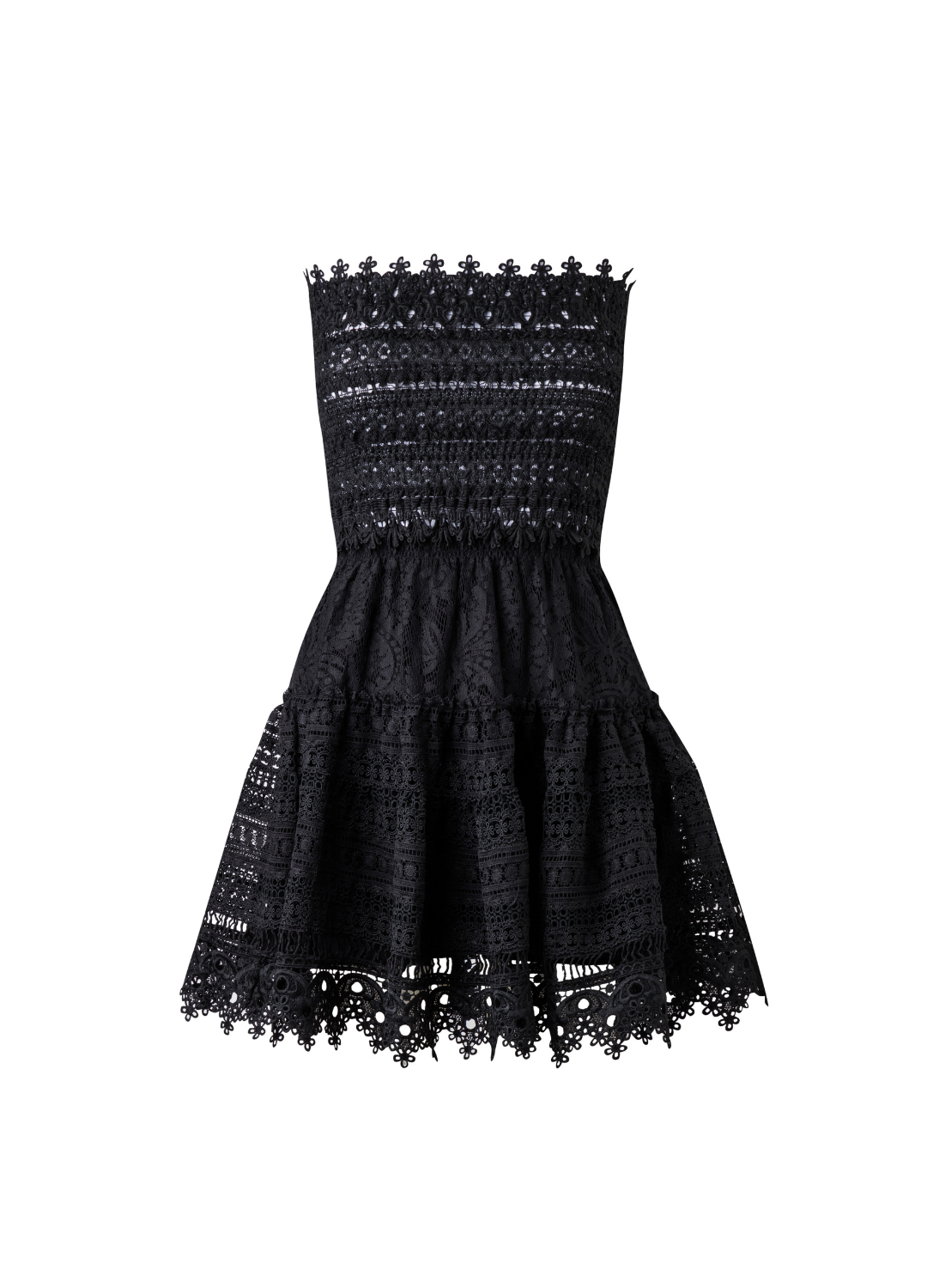 Front view of Vallarta Dress in black showcasing strapless smocked bodice, guipure lace and scalloped hem on white